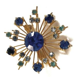Vintage Blue & Green Flower Brooch Rhinestone Pin Starburst Mid Century